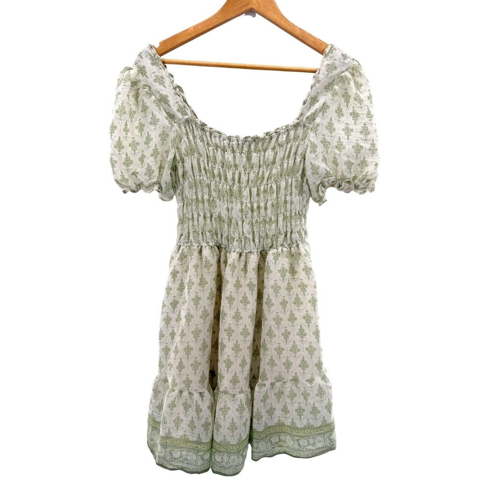 MINE Smocked Puff Sleeve Mini Dress Green White Floral M Milkmaid Cottage Girly